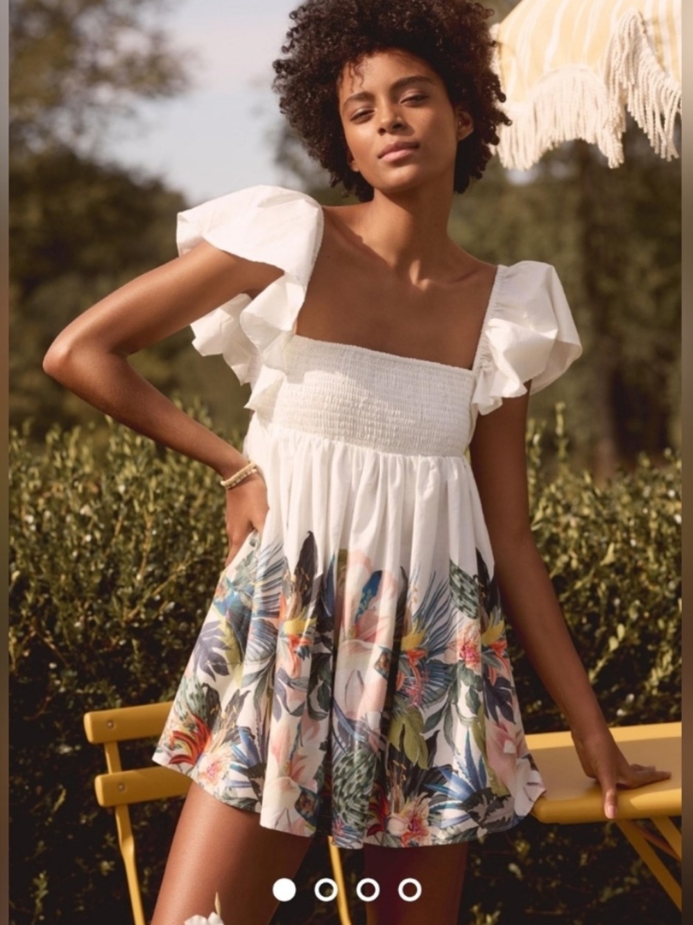 Anthropologie White Floral Tropical Ruffle-Sleeve Dress